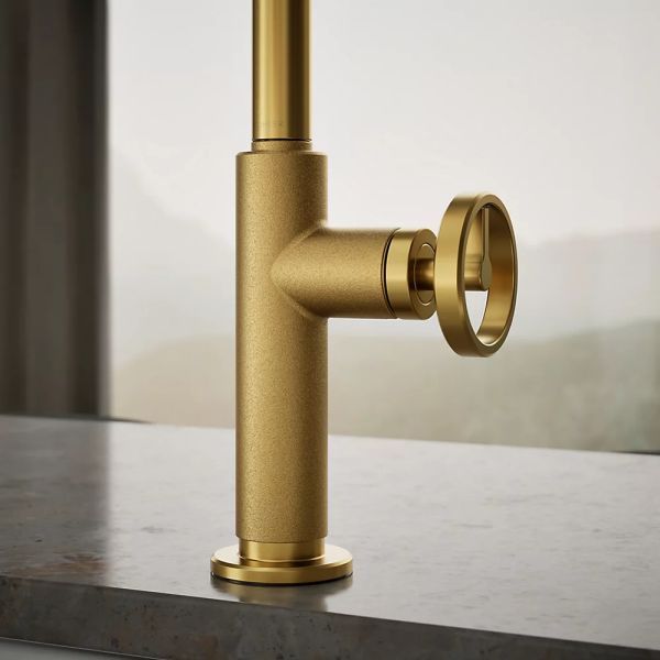 KOHLER® Billet® Vibrant Brushed Moderne Brass Kitchen Sink Faucet with 2-Function Sprayhead and Round Handle-4