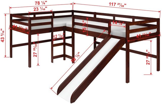 Donco Kids L-Series Cappuccino L-Shape Double Low Loft Twin Tent Loft-2