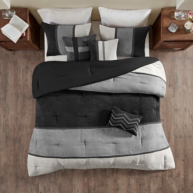 Olliix by Madison Park Palisades Black California King Seven Piece Faux Suede Comforter Set-1