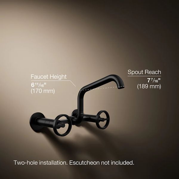 KOHLER® Billet® Matte Black 2-Hole Wall-Mount Bridge Kitchen Sink Faucet with Round Handles-4