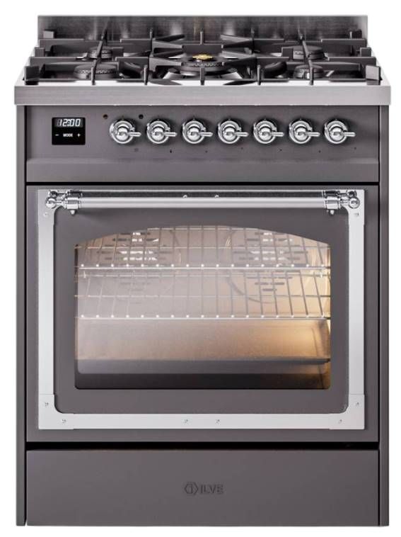Ilve® Nostalgie II Noblesse 30" Graphite Matte Pro Style Dual Fuel Range with Chrome Trim-0