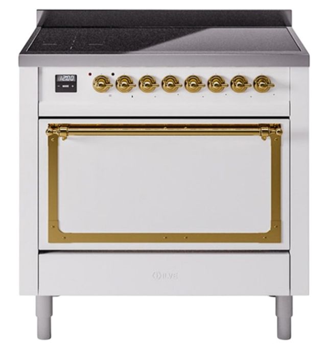 Ilve® Nostalgie II Noblesse 36'' White Pro Style Induction Range with Brass Trim-0