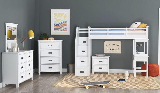 Elements International Hampton Kids White Youth Twin Loft Bed with Staircase and Desk-1