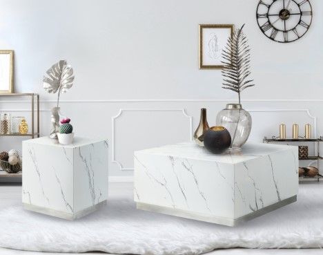 Mazin Furniture Astraia Faux Marble Small Cube Coffee Table with Brushed Nickel Base-2