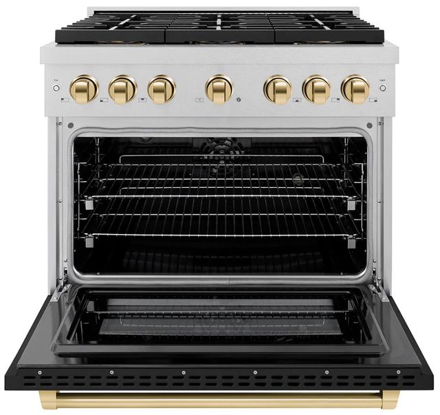 ZLINE Autograph Edition Paramount 36" 5.2 Cu. Ft. Satin Stainless Steel Dual Fuel Range with 6 Burner DuoPro™ Cooktop and Electric Convection Oven with Black Matte Door and Polished Gold Accents-3