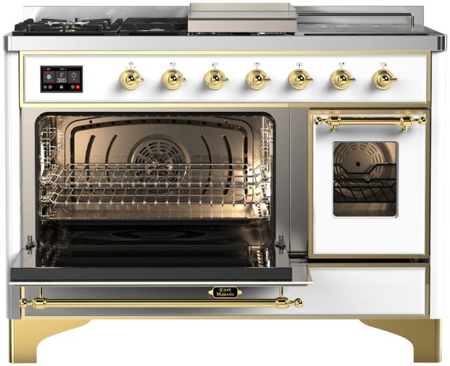 Ilve® Majestic III 48" White Pro Style Dual Fuel Natural Gas Range with 5 Black Brass Burners and Brass Trim-2