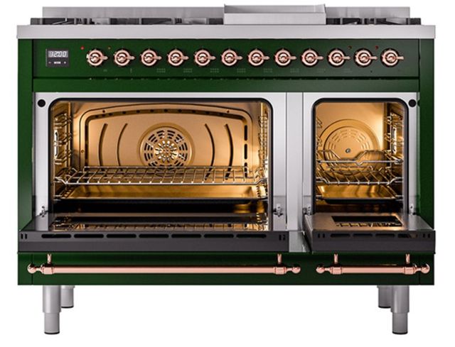 Ilve® Nostalgie II Noblesse 48'' Emerald Green Pro Style Dual Fuel Range with Copper Trim-1
