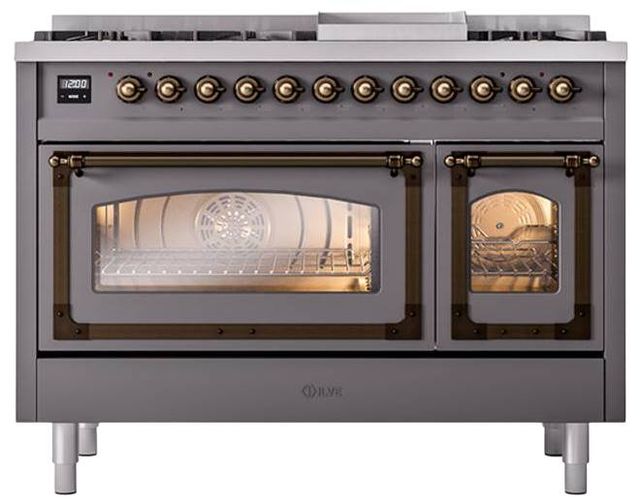 Ilve® Nostalgie II Noblesse 48'' Graphite Matte Pro Style Dual Fuel Range with Burnished Trim-1