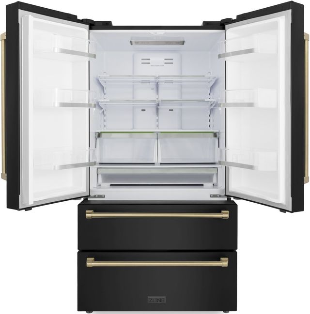 ZLINE Autograph Edition 36" 22.5 Cu. Ft. Fingerprint Resistant Black Stainless Steel Counter Depth French Door Refrigerator with Ice Maker and Champagne Bronze Traditional Handles-2