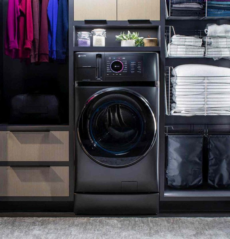 GE Appliances refrigerator in a garage.