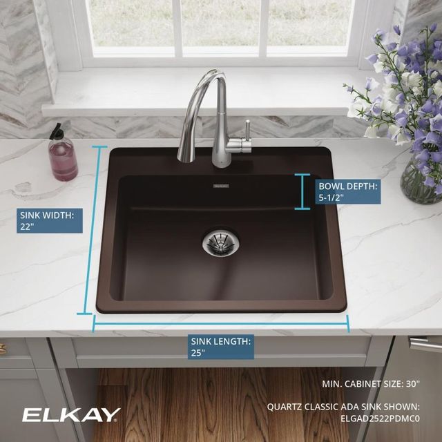 Elkay Quartz Classic® Mocha 25" x 22" x 5-1/2" Single Bowl Drop-In ADA Sink with Perfect Drain®-3