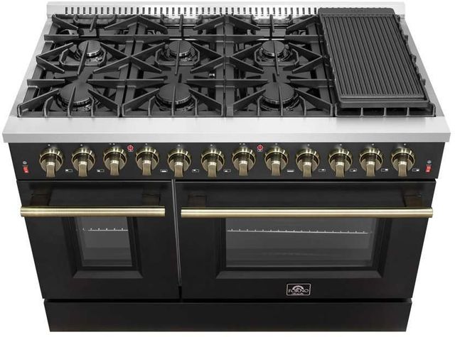 FORNO® Galiano 48" Stainless Steel Pro Style Dual Fuel Range with Black Door with Antique Brass Accents-3