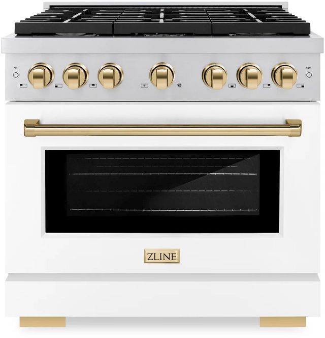 ZLINE Autograph Edition Paramount 36" Stainless Steel Pro Style Dual Fuel Range with White Matte Door and Polished Gold Accents-0