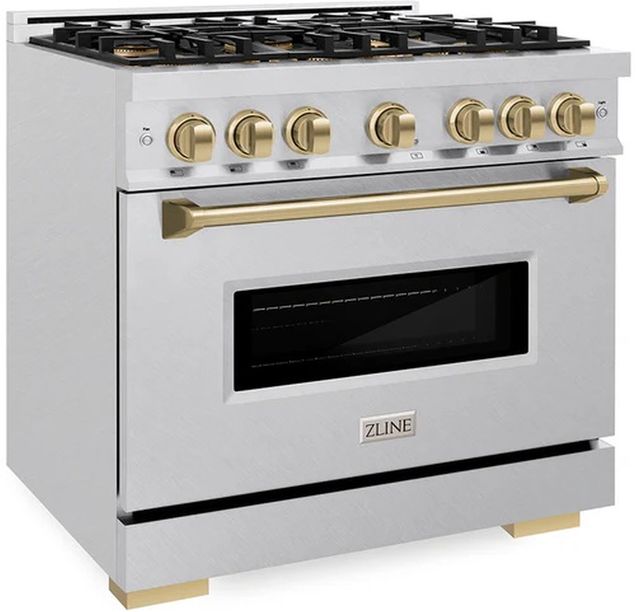 ZLINE Autograph Edition 36". 5.2 cu. ft. Dual Fuel Range with 6 Burner DuoPro™ Cooktop and Electric Convection Oven in Satin Stainless Steel and Champagne Bronze Accents -2