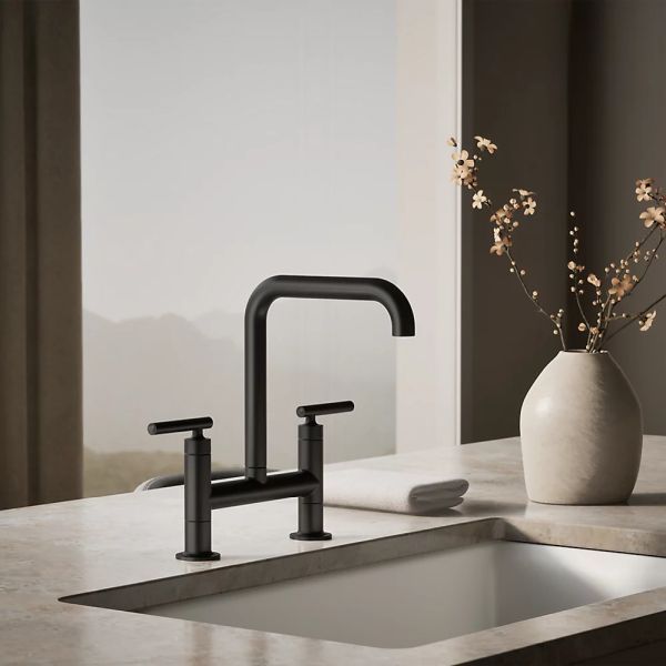 KOHLER® Purist® Matte Black 2-Hole Bridge Kitchen Sink Faucet-1