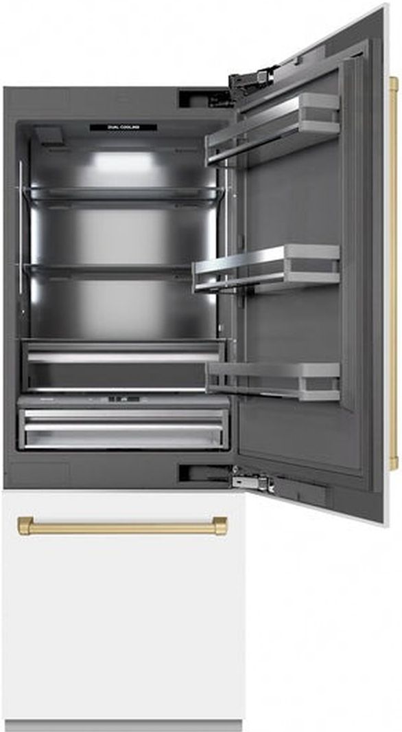 ZLINE Autograph Edition 30" 16.1 Cu. Ft. White Matte Built-In Bottom Freezer Refrigerator with Water Dispenser, Ice Maker, and Champagne Bronze Accents-2