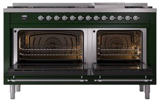 Ilve® Nostalgie II Noblesse 60'' Emerald Green Pro Style Dual Fuel Range with Chrome Trim-2