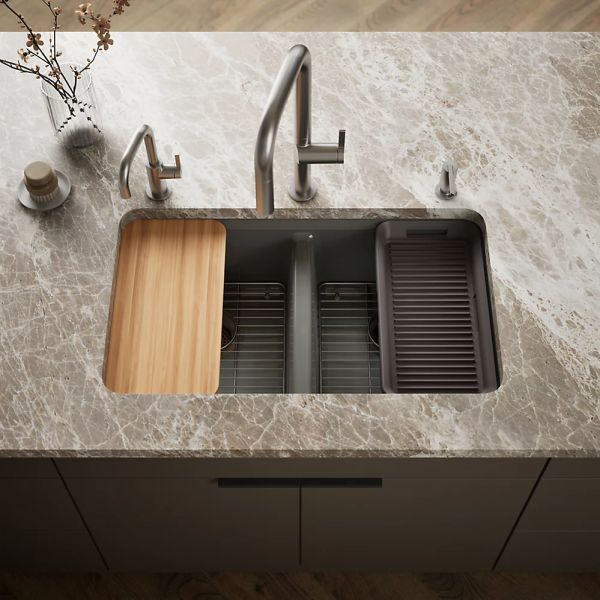KOHLER® Riverby® Thunder Gray 33" Undermount Double-Equal Bowl Workstation Kitchen Sink with Accessories-1