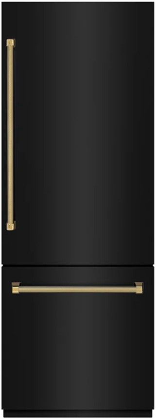 ZLINE Autograph Edition 30" 16.1 Cu. Ft. Black Stainless Steel Built-In Bottom Freezer Refrigerator with Water Dispenser, Ice Maker, Graphite Gray Interior and Polished Gold Helix Handles-0