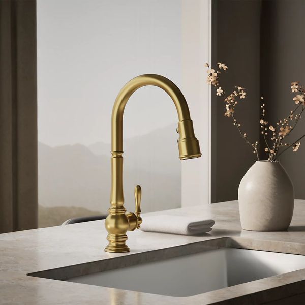 KOHLER® Artifacts® Vibrant Brushed Moderne Brass Kitchen Sink Faucet with 3-Function Sprayhead-1