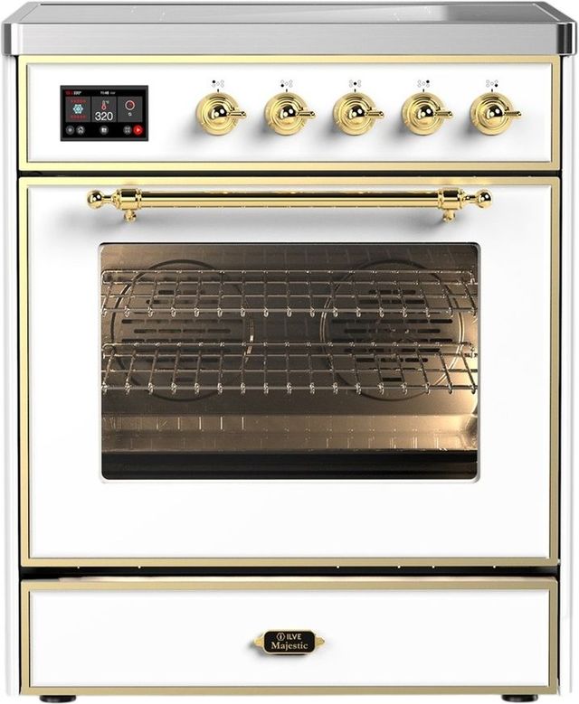 Ilve® Majestic III 30" White Pro Style Induction Range with Triple Glass Door and Brass Trim-0