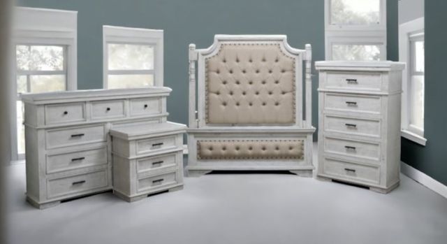 Million Dollar Rustic Sam 4-Piece Cream/Nero White Queen Upholstered Panel Bedroom Set-1