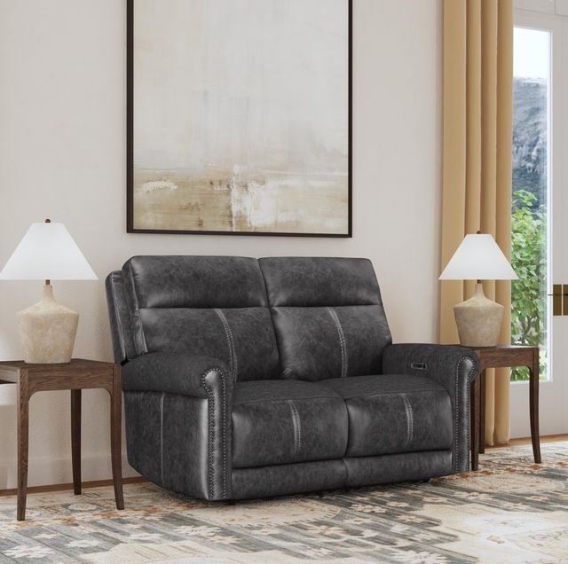 Flexsteel® Alexander Weathered Gray Leather Power Reclining Loveseat with Power Headrest and Lumbar-1