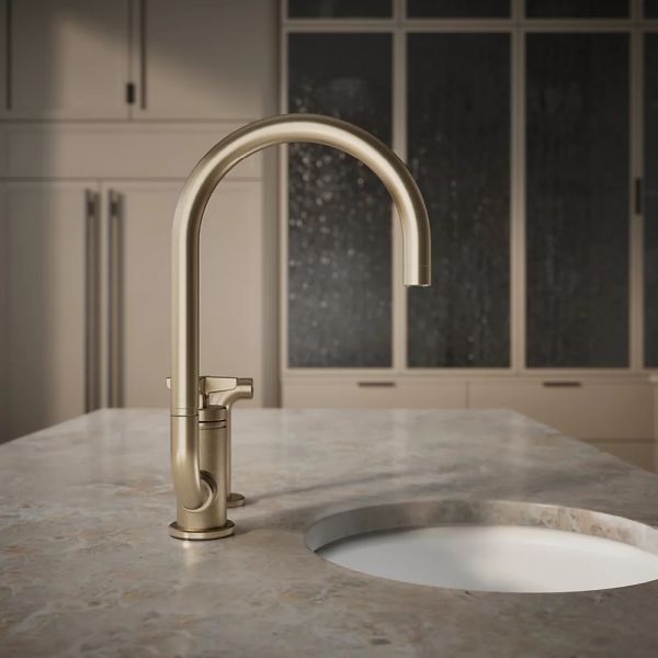 KOHLER® Billet® Vibrant Brushed Bronze 16" Single Cross-Handle Bar Sink Faucet with 2-Function Extended-Reach Spout and Side Sprayer-4