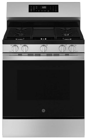 Front view of the GE® 30'' Stainless Steel Freestanding Gas Range with No Preheat Air Fry and EasyWash™ Oven Tray