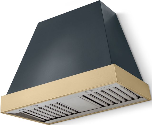 La Cornue CornuFé Euclid 36" Goodwood Blue Wall Mounted Range Hood with Polished Brass Trim-0