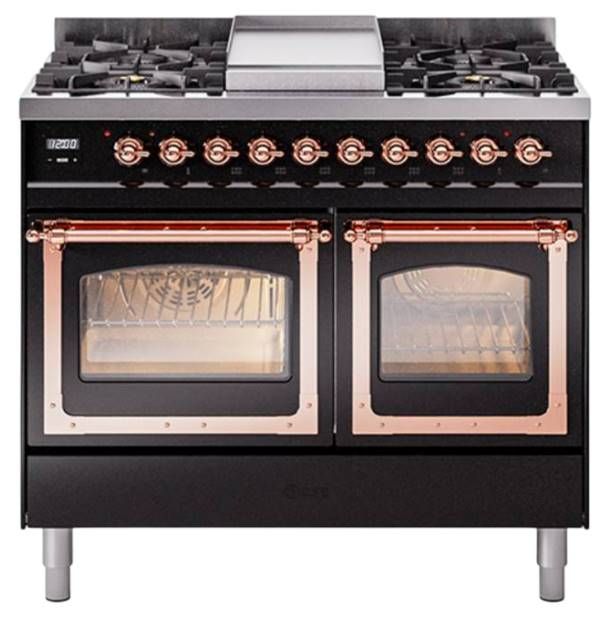 Ilve® Nostalgie II Noblesse 40'' Glossy Black Pro Style Dual Fuel Range with Copper Trim-0