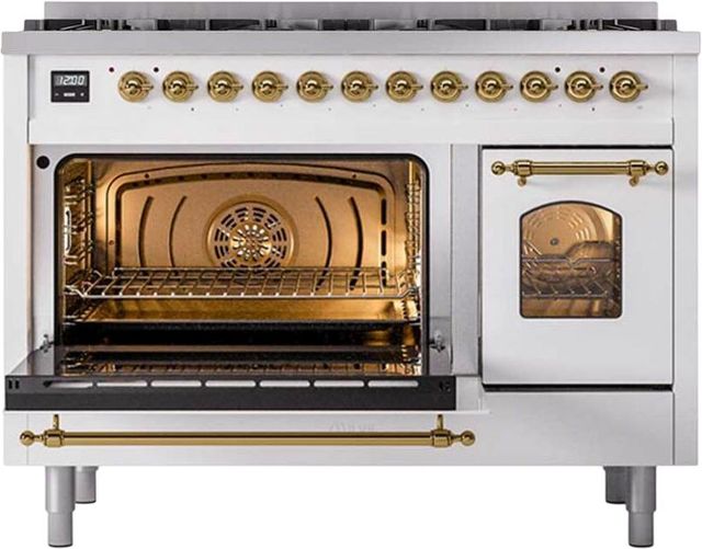 Ilve® Nostalgie II 48" White Pro Style Dual Fuel Range with Brass Trim-2
