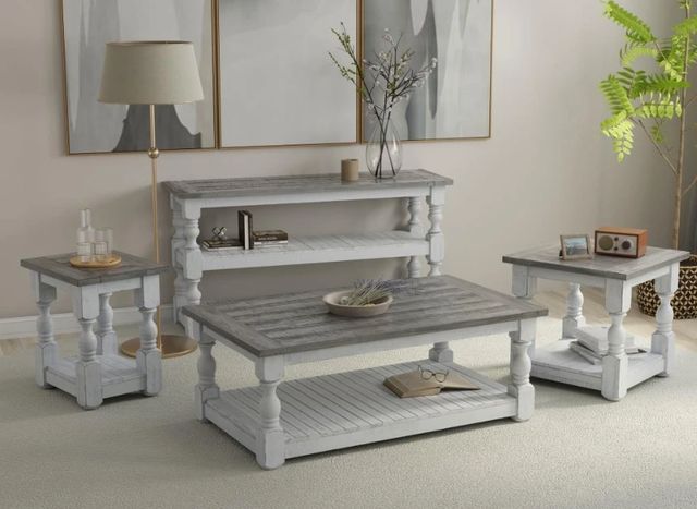 International Furniture Direct Stone Weathered Gray End Table with Ivory Antiqued Base-1