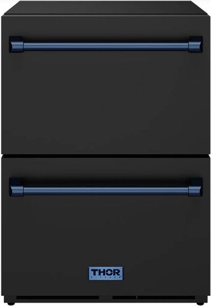 Thor Kitchen Gordon Ramsay Collection 24” 5.4 Cu. Ft. Anti-Fingerprint Black Built-In or Freestanding Under the Counter Refrigerator Drawer with Blue Handle-0