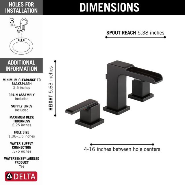 Delta Ara® Matte Black 2-Handle Widespread Channel Bathroom Faucet with Drain-3