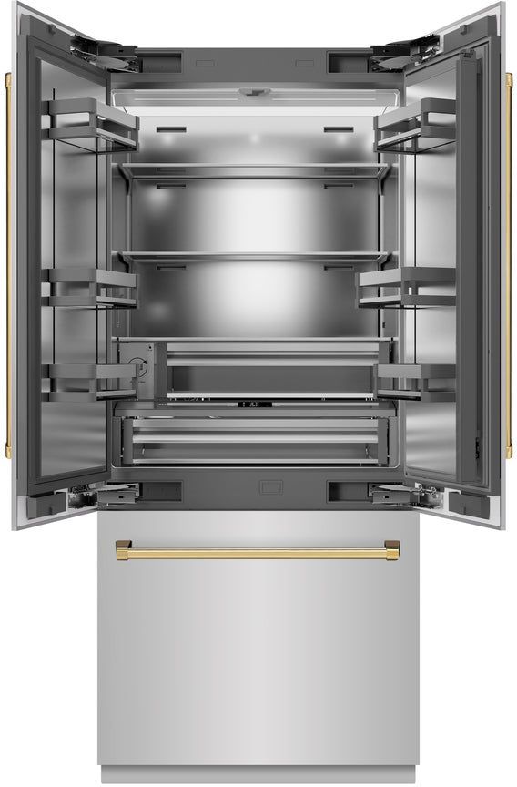 ZLINE Autograph Edition 36" 19.6 Cu. Ft. Stainless Steel Built-In French Door Refrigerator with Polished Gold Accents-2