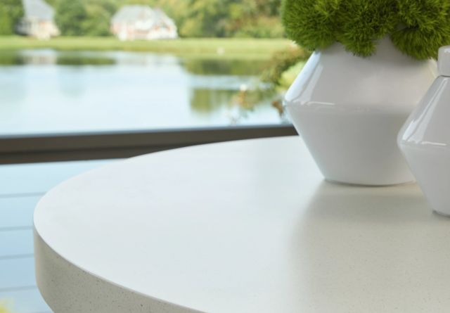 Signature Design by Ashley® Seton Creek White Aluminum/Stone Outdoor Bar Table with Beige Base-3
