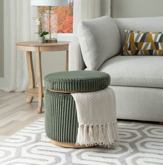 Linon Sunny Green Corduroy Round Ottoman-1