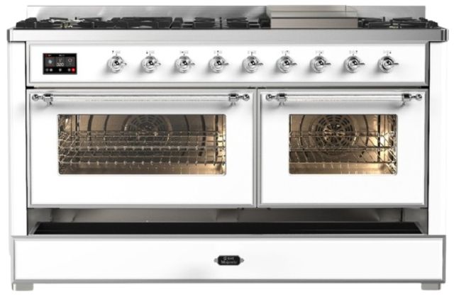 Ilve® Majestic III 60" White Pro Style Dual Fuel Natural Gas Range with Triple Glass Door and Chrome Trim-2
