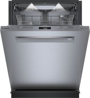 Front view of the slightly opened Bosch Benchmark® 24" Stainless Steel Top Control Built In Dishwasher