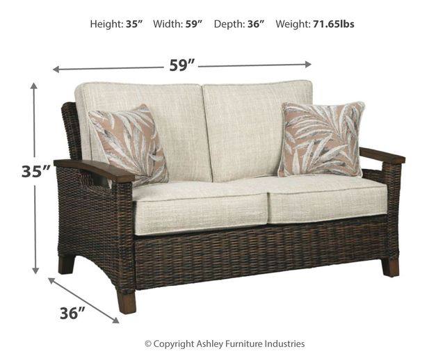 Signature Design by Ashley® Paradise Trail Medium Brown Aluminum/Resin Wicker Outdoor Loveseat with Cushion-4