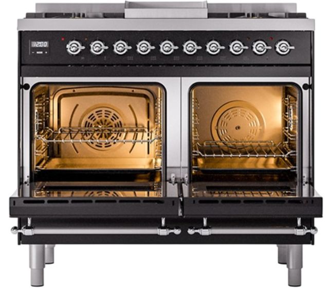 Ilve® Nostalgie II Noblesse 40'' Glossy Black Pro Style Dual Fuel Range with Chrome Trim-1