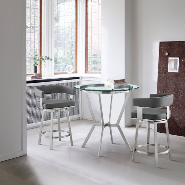 Armen Living Naomi and Lorin 3-Piece Brushed Stainless Steel/Clear/Gray Counter Dining Set-1
