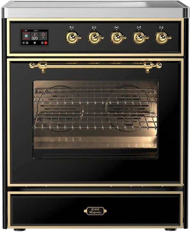 Ilve® Majestic III 30" Glossy Black Pro Style Induction Range with Triple Glass Door and Brass Trim-0