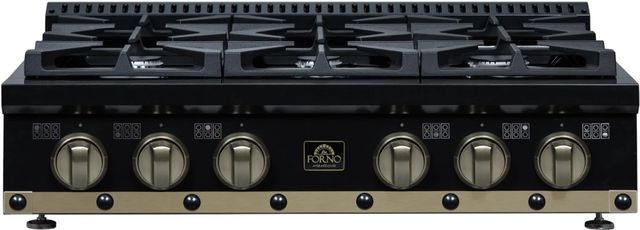 Forno Ambassador 36” Black Gas Rangetop with 6 Burners and Antique Brass Trim-0