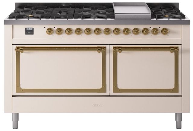 Ilve® Nostalgie II Noblesse 60'' Antique White Pro Style Dual Fuel Range with Brass Trim-0