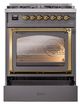 Ilve® Nostalgie II Noblesse 30" Graphite Matte Pro Style Dual Fuel Range with Brass Trim-3