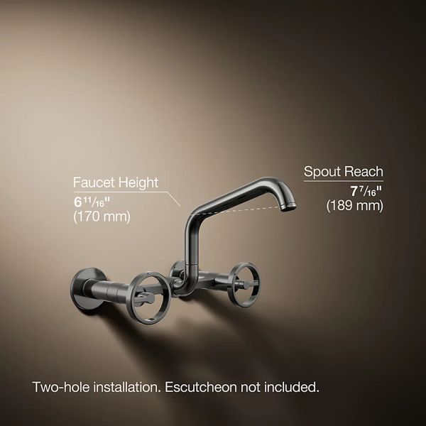 KOHLER® Billet® Vibrant Titanium 2-Hole Wall-Mount Bridge Kitchen Sink Faucet with Round Handles-4