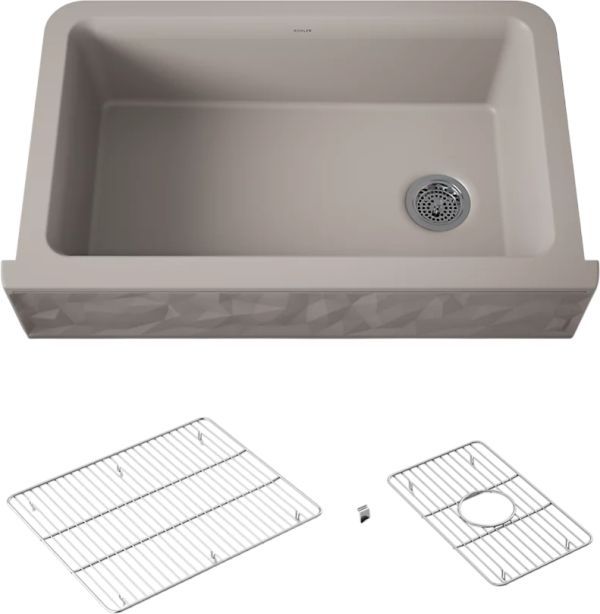 KOHLER® Cairn® Matte Taupe 34" Undermount Single-Bowl Farmhouse Kitchen Sink with Faceted Design-0