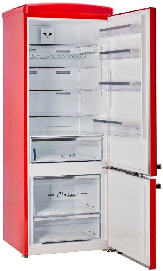 Unique Appliances 28” 17 Cu. Ft. Candy Apple Red Bottom Freezer Refrigerator with Chrome Accent Handles-2